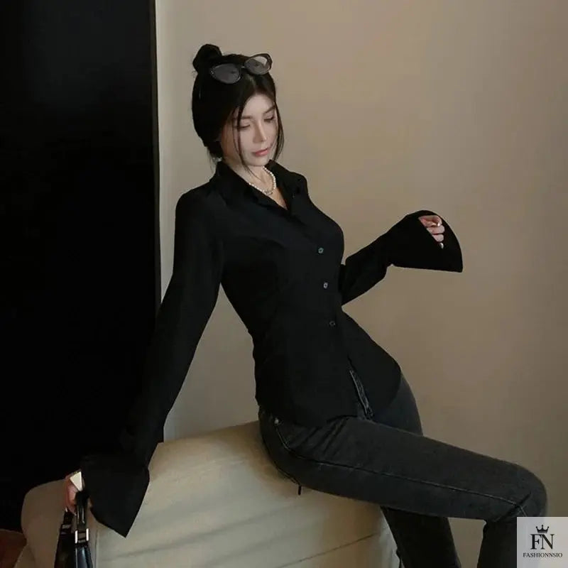 Lantern Sleeve Lace Up Fitted Shirt - Fashionnsio