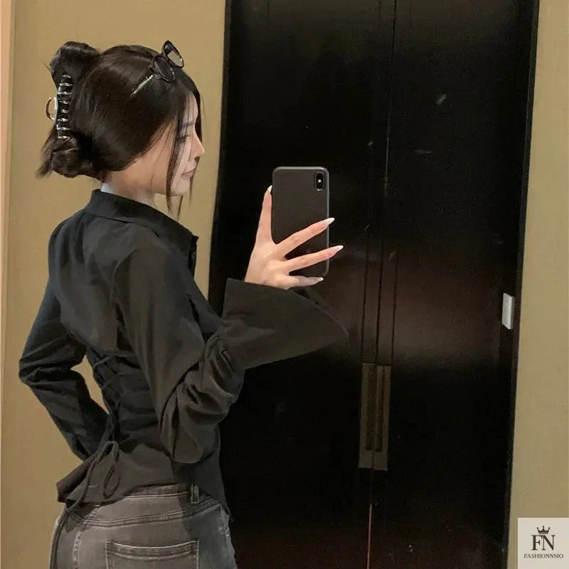 Lantern Sleeve Lace Up Fitted Shirt - Fashionnsio