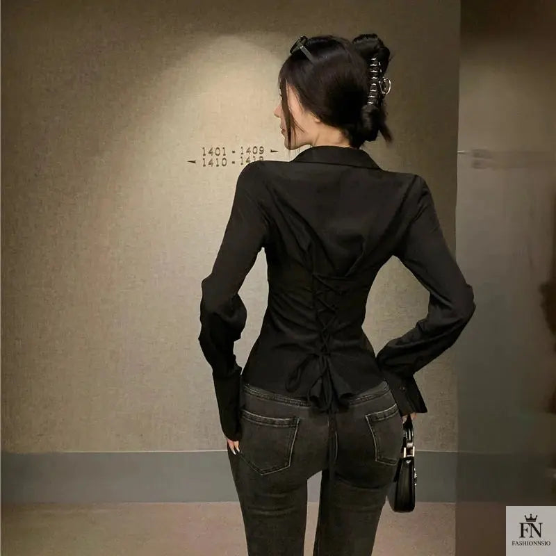 Lantern Sleeve Lace Up Fitted Shirt - Fashionnsio