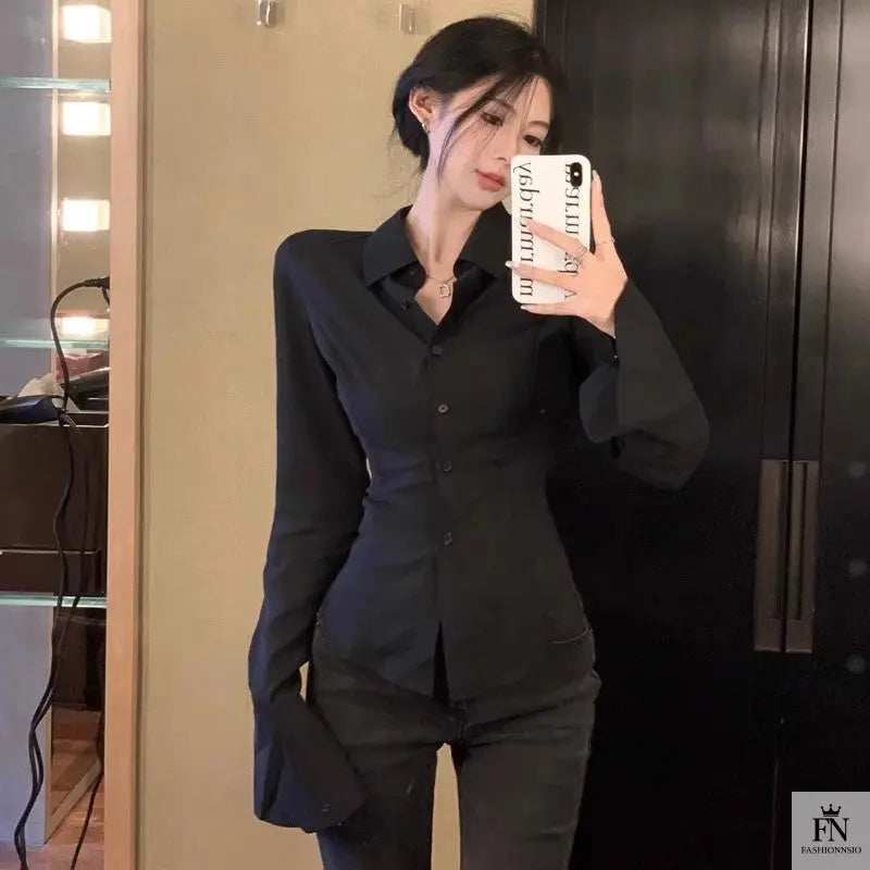 Lantern Sleeve Lace Up Fitted Shirt - Fashionnsio