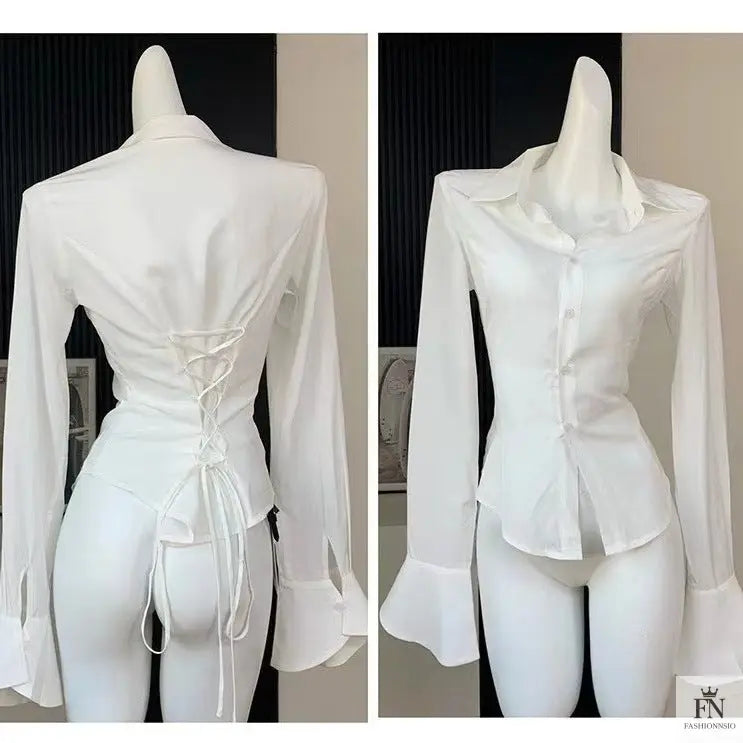 Lantern Sleeve Lace Up Fitted Shirt - Fashionnsio