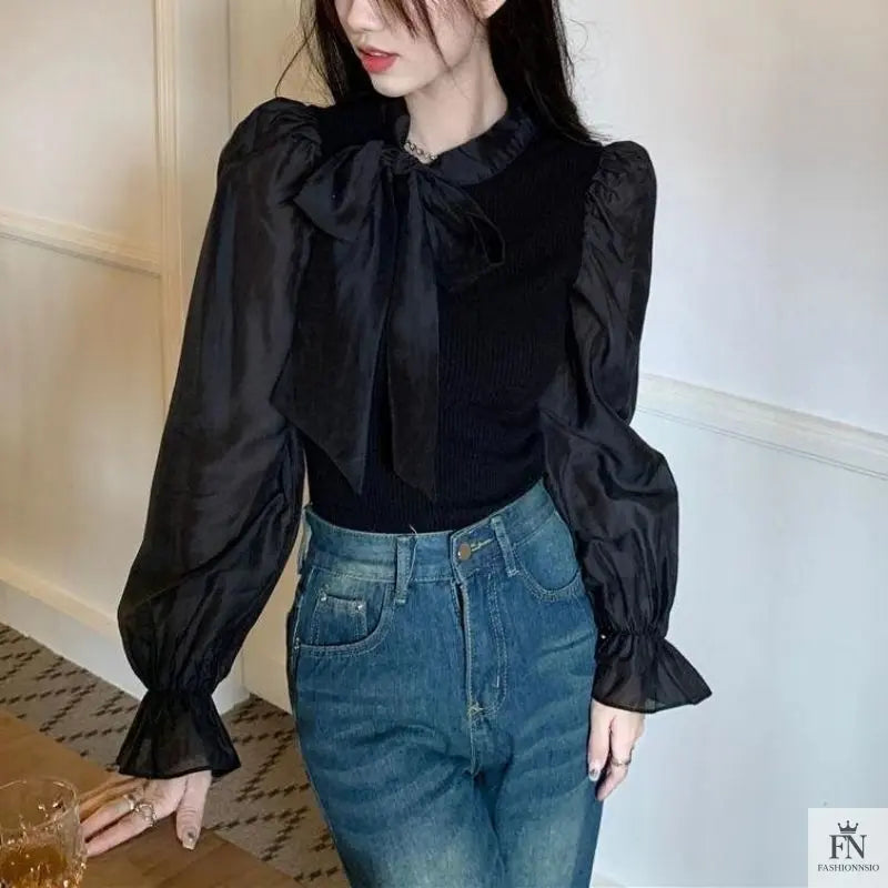 Lantern Sleeve Ribbon Bow Top - Fashionnsio