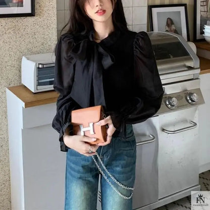 Lantern Sleeve Ribbon Bow Top - Fashionnsio