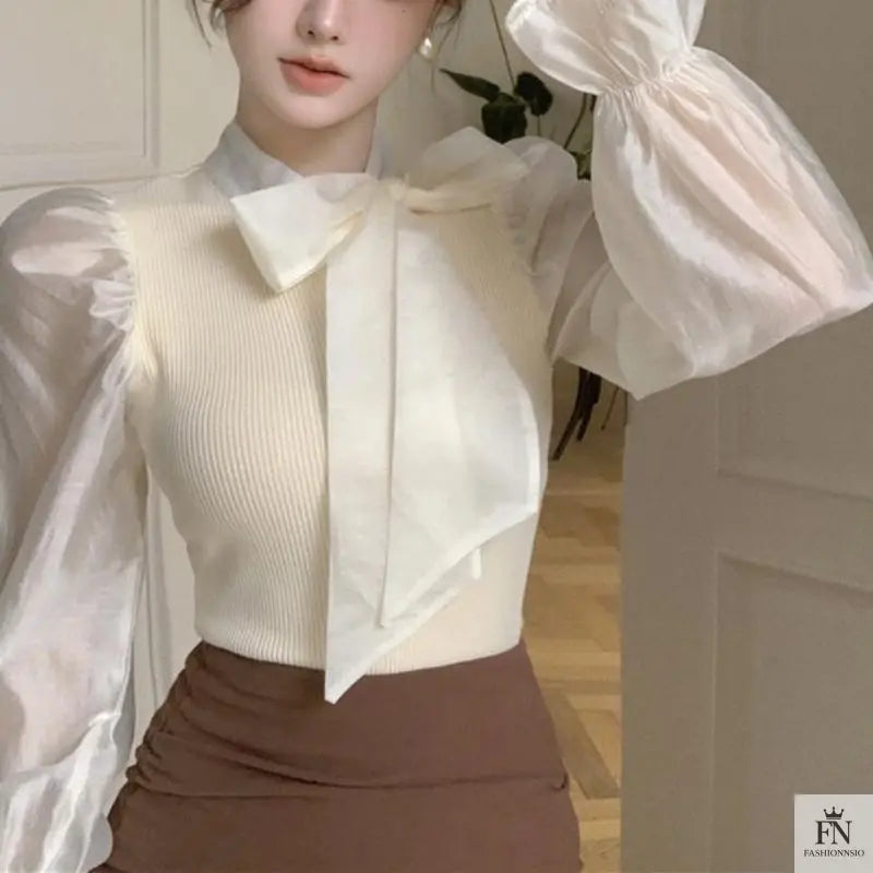 Lantern Sleeve Ribbon Bow Top - Fashionnsio