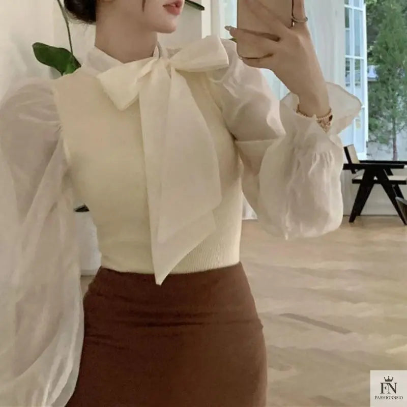 Lantern Sleeve Ribbon Bow Top - Fashionnsio