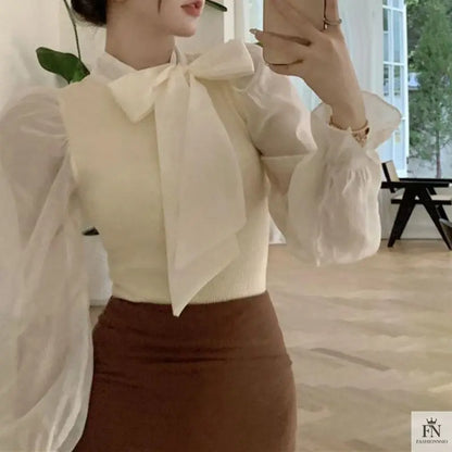 Lantern Sleeve Ribbon Bow Top - Fashionnsio