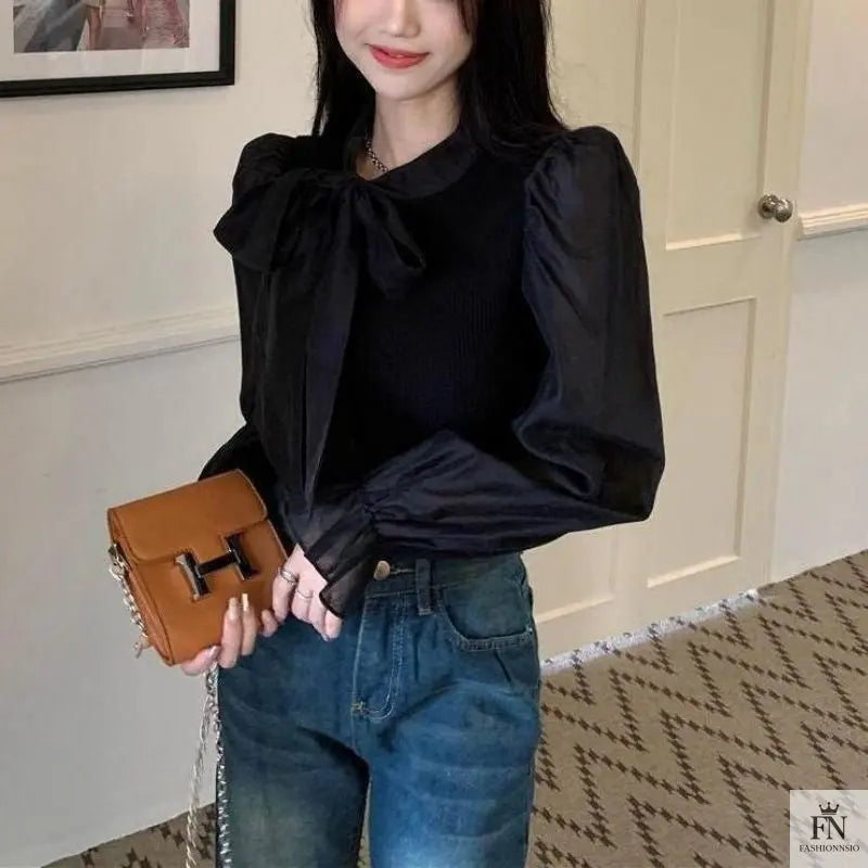 Lantern Sleeve Ribbon Bow Top - Fashionnsio