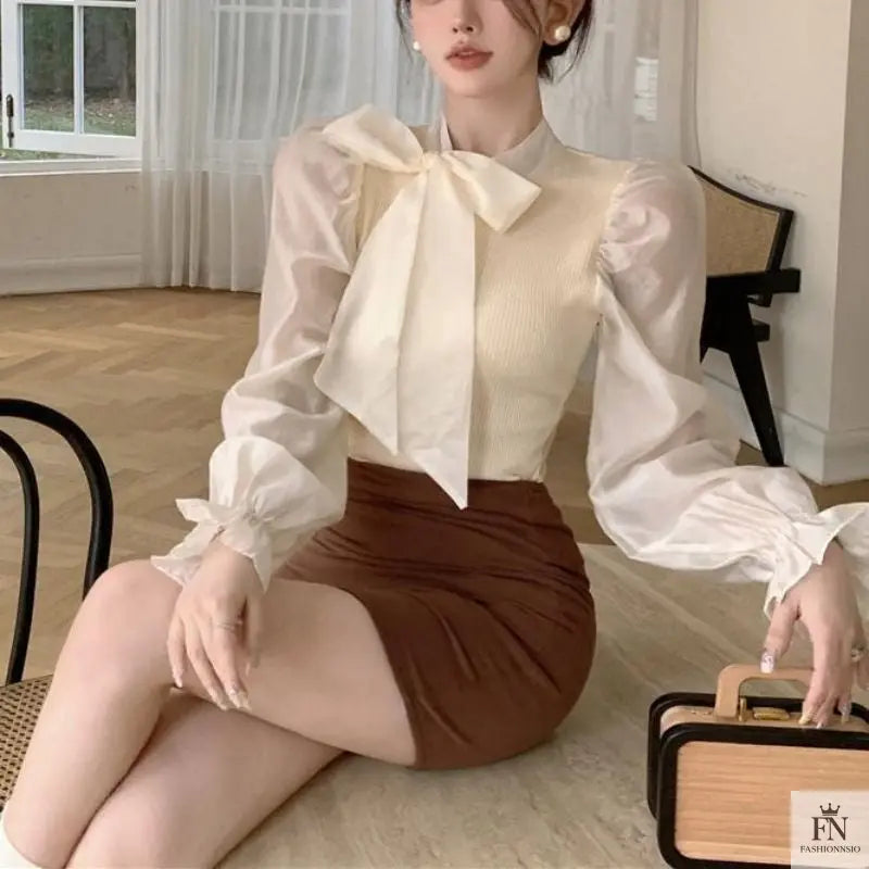 Lantern Sleeve Ribbon Bow Top - Fashionnsio
