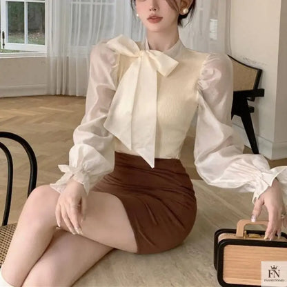 Lantern Sleeve Ribbon Bow Top - Fashionnsio