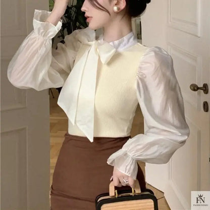 Lantern Sleeve Ribbon Bow Top - Fashionnsio