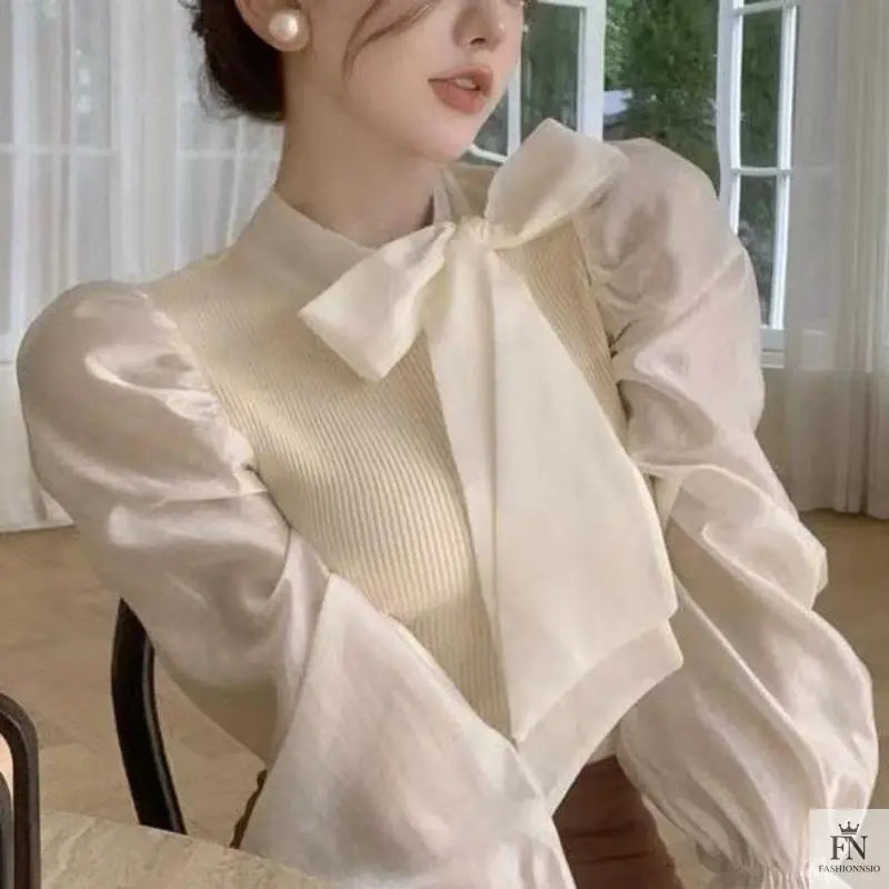 Lantern Sleeve Ribbon Bow Top - Fashionnsio