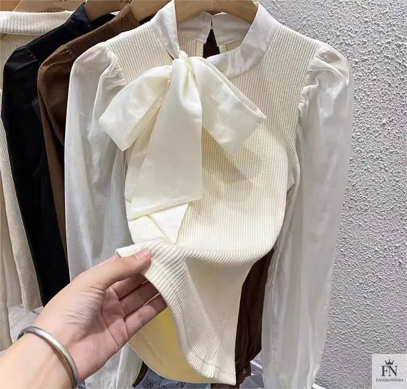 Lantern Sleeve Ribbon Bow Top - Fashionnsio
