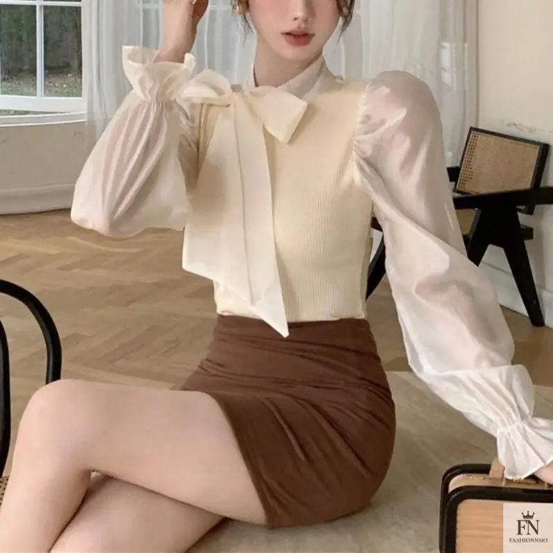 Lantern Sleeve Ribbon Bow Top - Fashionnsio