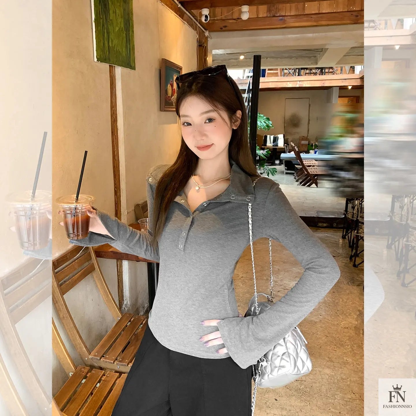 Lapel Button Long Sleeve Top - Fashionnsio
