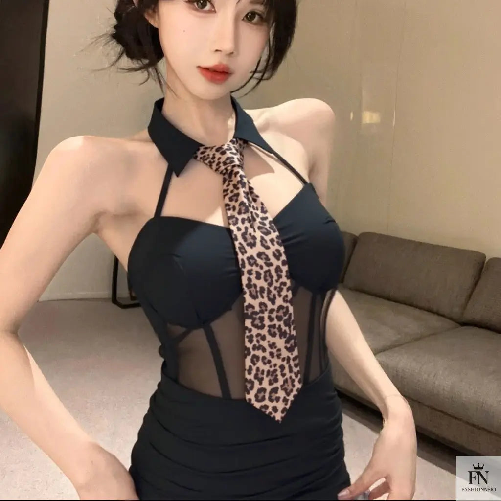 Leopard Print Tie Bodycon Dress - Fashionnsio