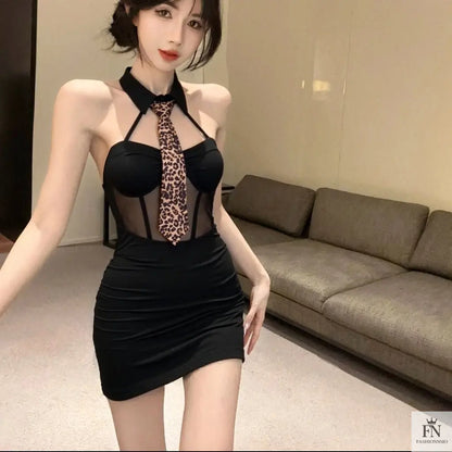 Leopard Print Tie Bodycon Dress - Fashionnsio