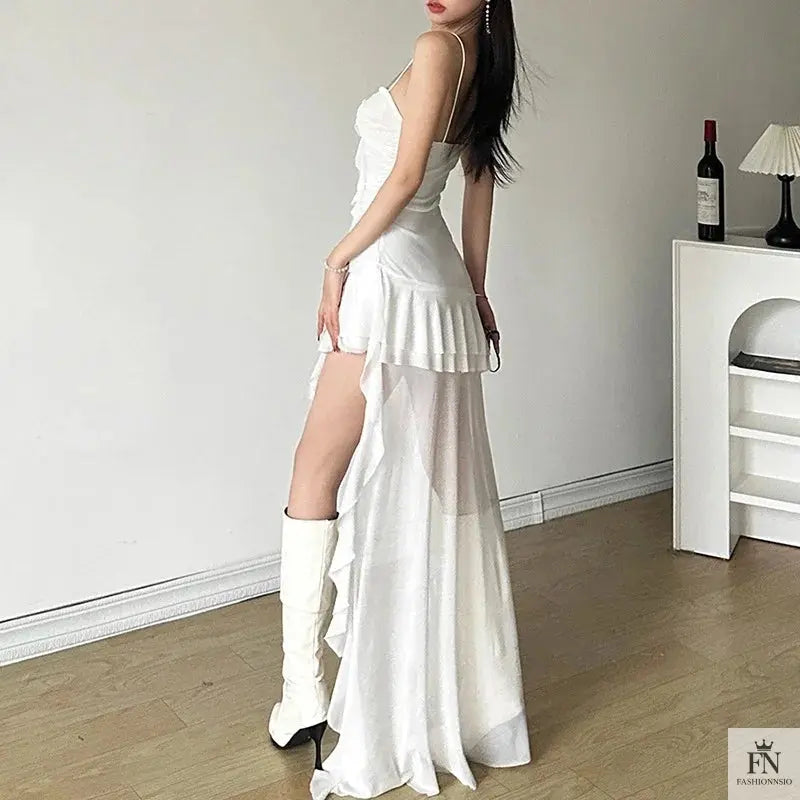 Long Asymmetric Ruffle Dress - Fashionnsio