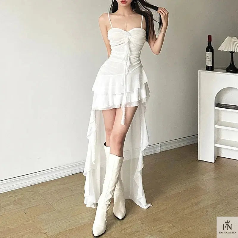 Long Asymmetric Ruffle Dress - Fashionnsio