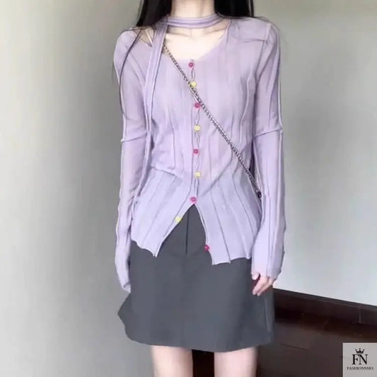 Long Sleeve Knitted Top With Scarf - Fashionnsio