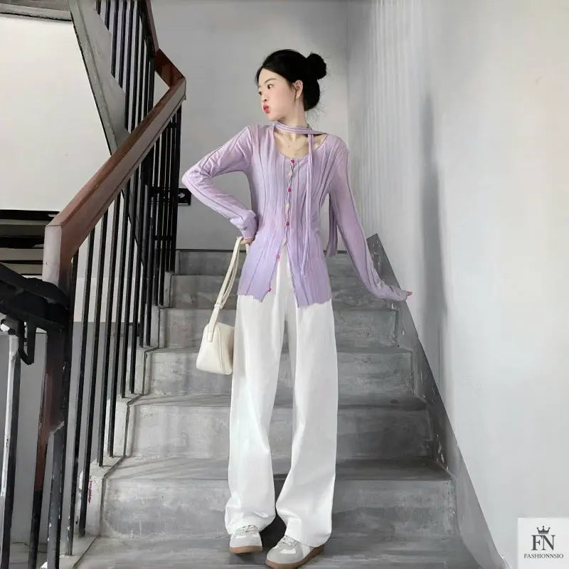 Long Sleeve Knitted Top With Scarf - Fashionnsio