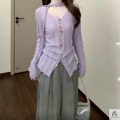 Long Sleeve Knitted Top With Scarf - Fashionnsio