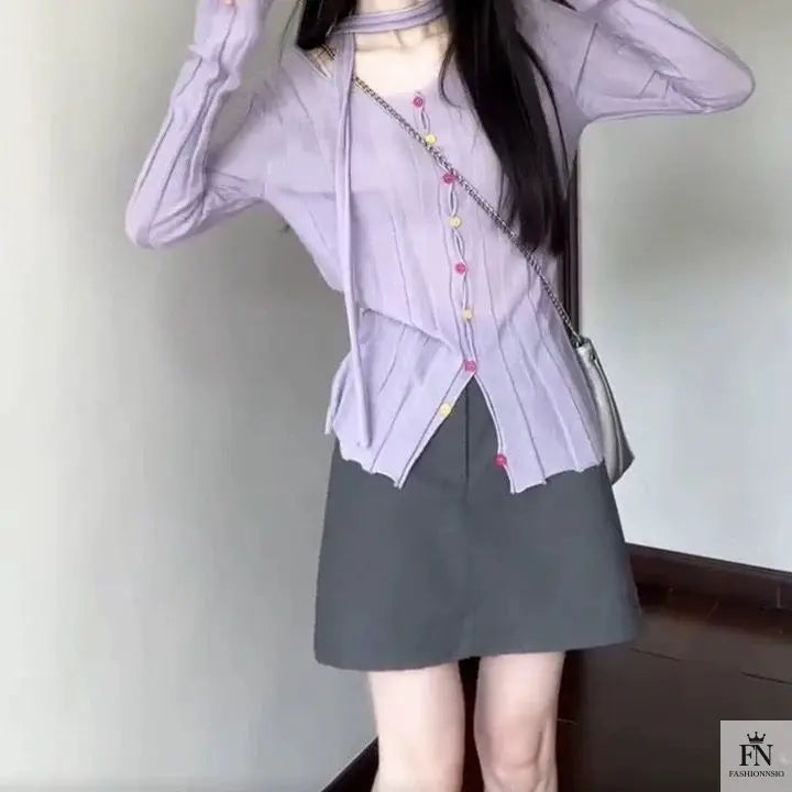 Long Sleeve Knitted Top With Scarf - Fashionnsio