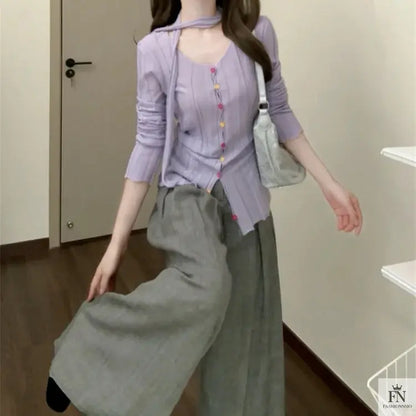 Long Sleeve Knitted Top With Scarf - Fashionnsio