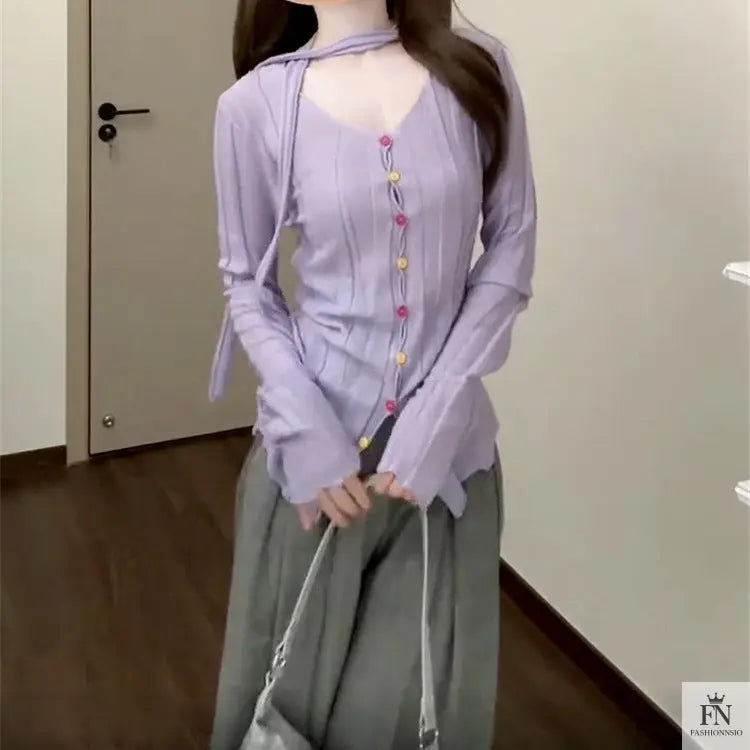 Long Sleeve Knitted Top With Scarf - Fashionnsio