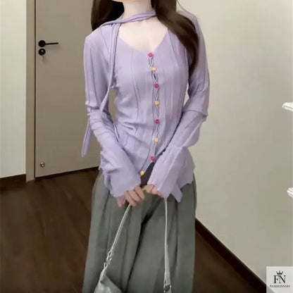 Long Sleeve Knitted Top With Scarf - Fashionnsio