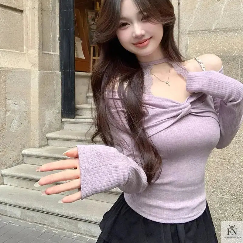 Long Sleeve Off Shoulder Y2K Top - Fashionnsio