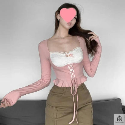 Long Sleeve Patchwork Y2k Top - Fashionnsio