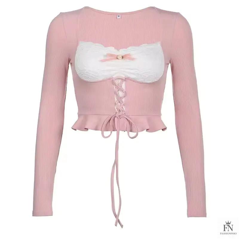 Long Sleeve Patchwork Y2k Top - Fashionnsio