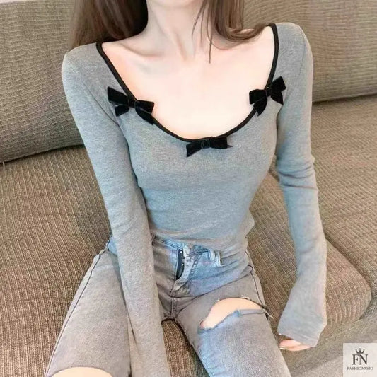Long Sleeve Slim Fit Bow Top - Fashionnsio