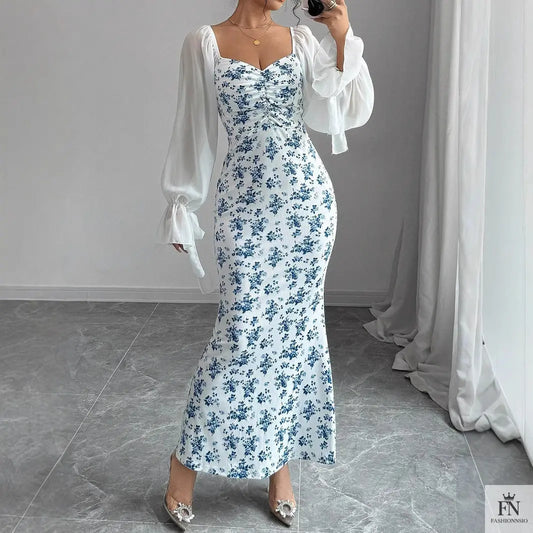 Puff Sleeve Floral Bodycon Dress - Fashionnsio