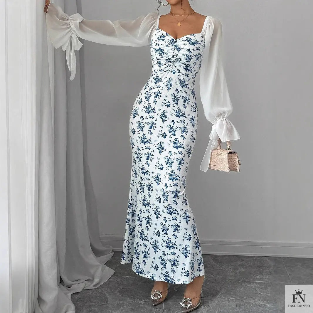 Puff Sleeve Floral Bodycon Dress - Fashionnsio