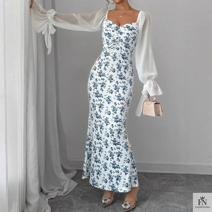 Puff Sleeve Floral Bodycon Dress - Fashionnsio