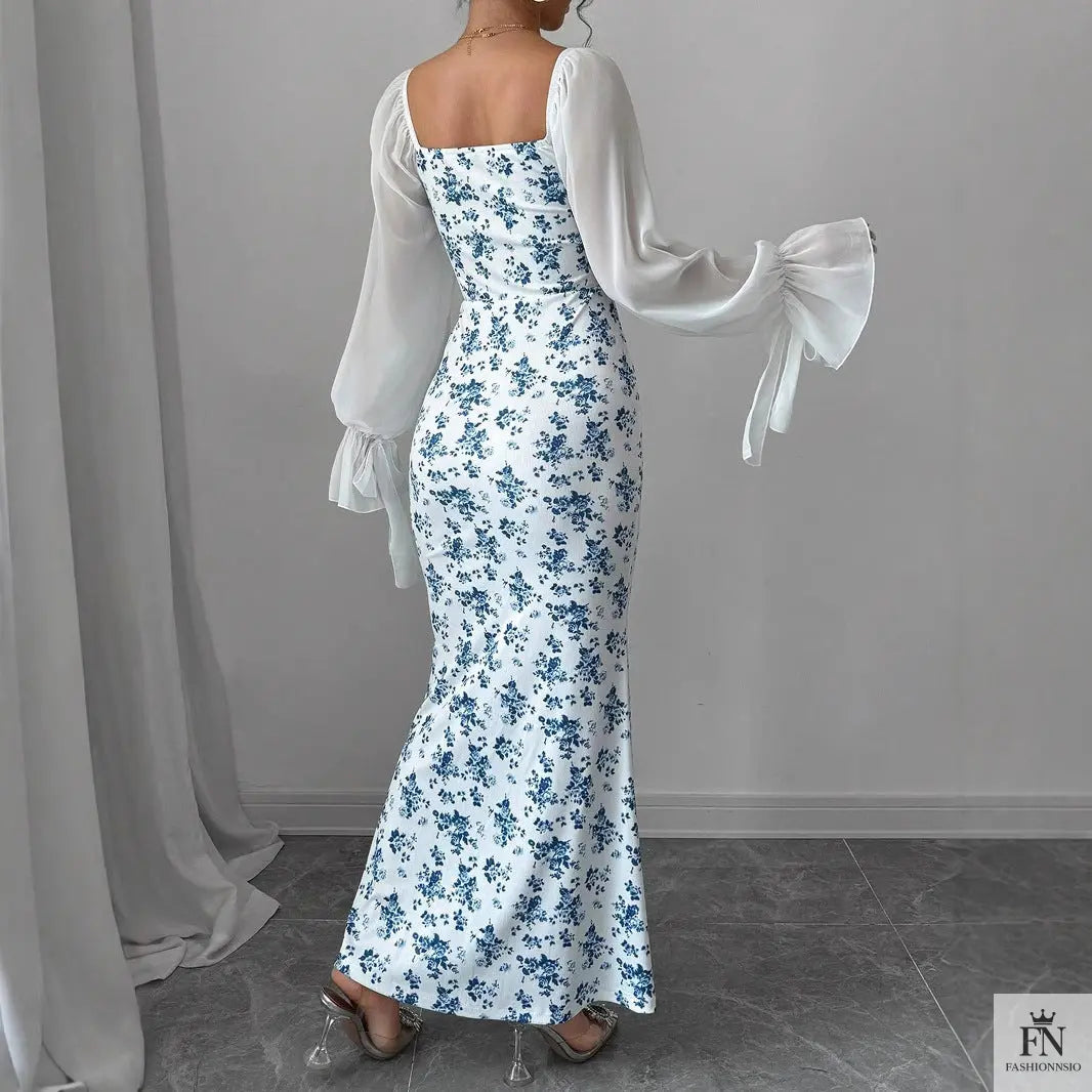 Puff Sleeve Floral Bodycon Dress - Fashionnsio