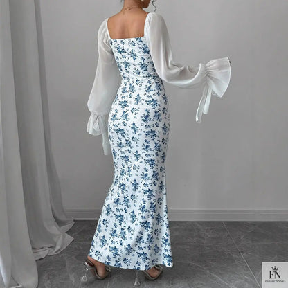 Puff Sleeve Floral Bodycon Dress - Fashionnsio