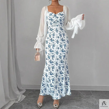 Puff Sleeve Floral Bodycon Dress - Fashionnsio