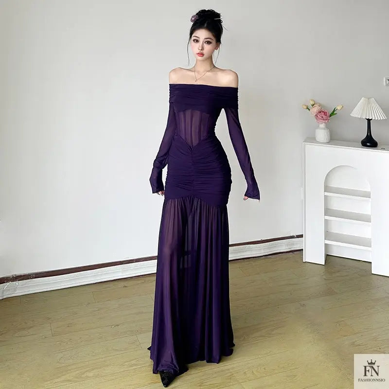 Mesh Off Shoulder Long Dress - Fashionnsio