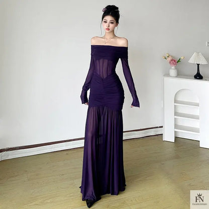 Mesh Off Shoulder Long Dress - Fashionnsio