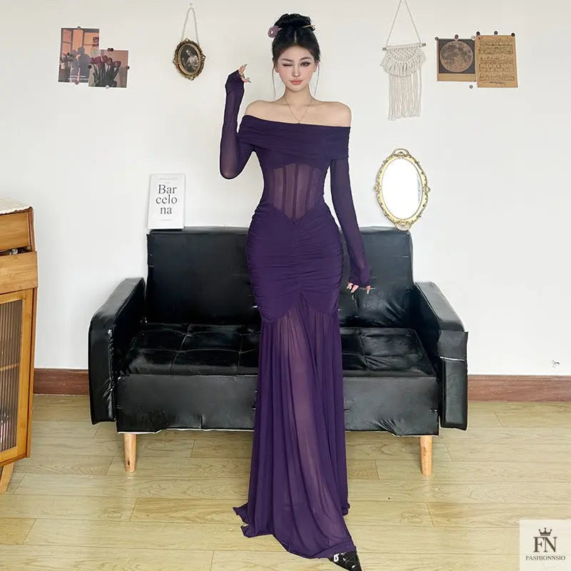 Mesh Off Shoulder Long Dress - Fashionnsio