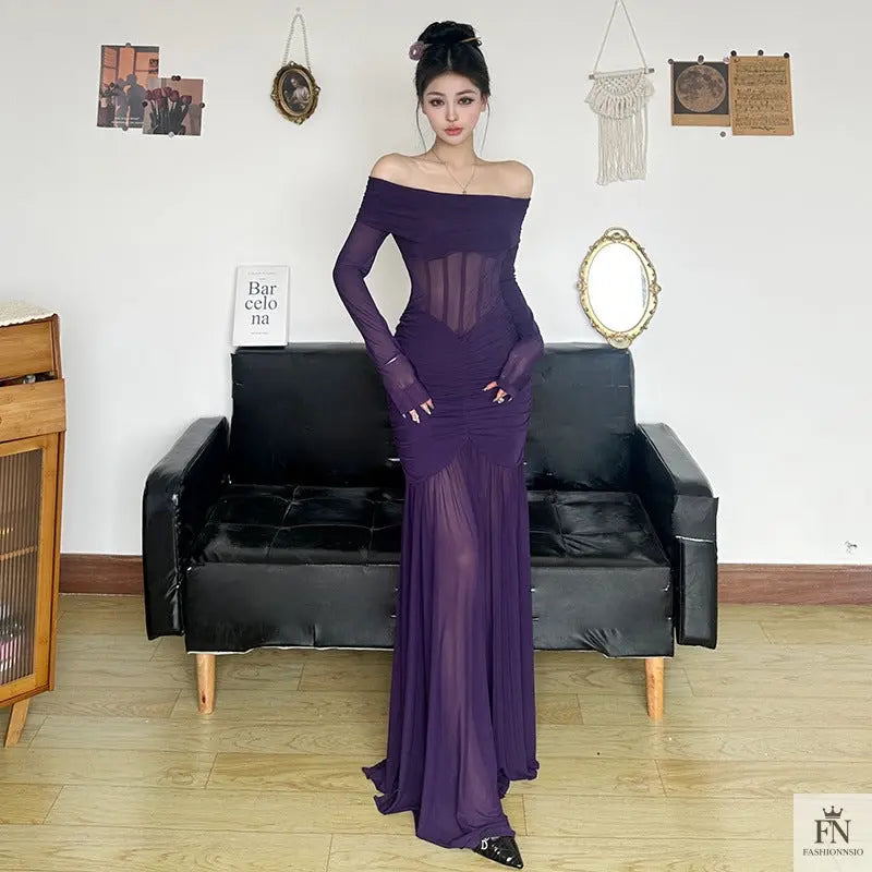 Mesh Off Shoulder Long Dress - Fashionnsio