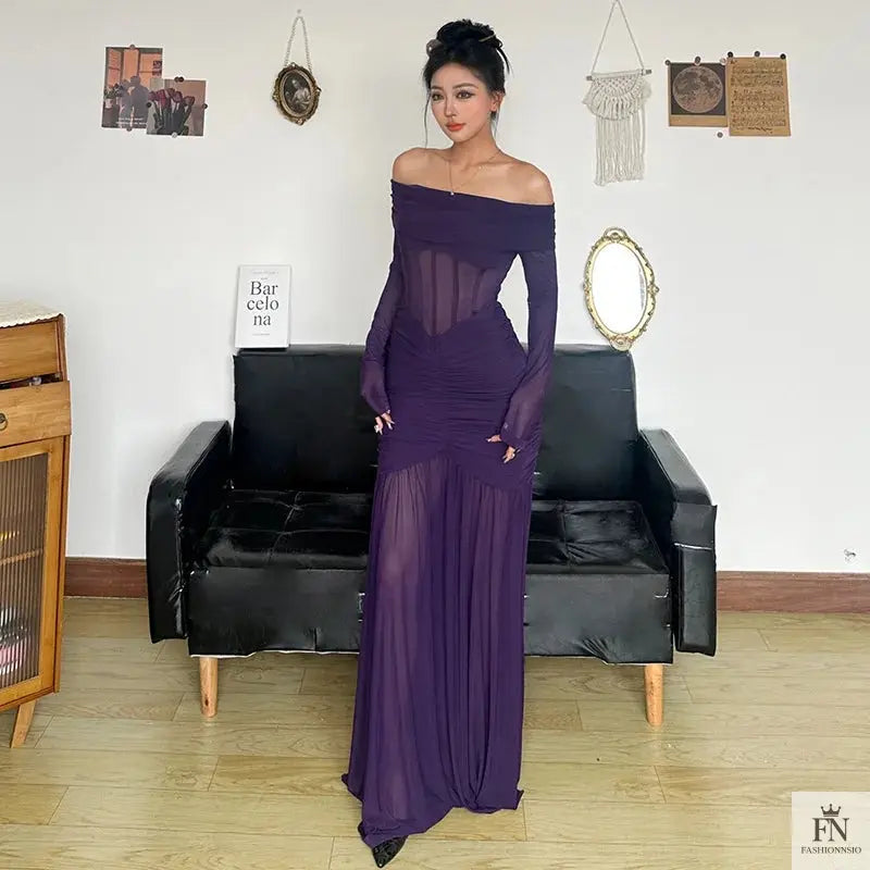 Mesh Off Shoulder Long Dress - Fashionnsio