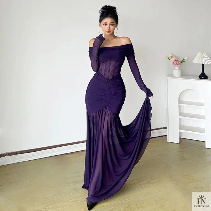 Mesh Off Shoulder Long Dress - Fashionnsio