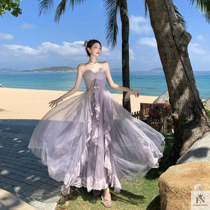 Mesh Ruffle Flared Maxi Dress - Fashionnsio