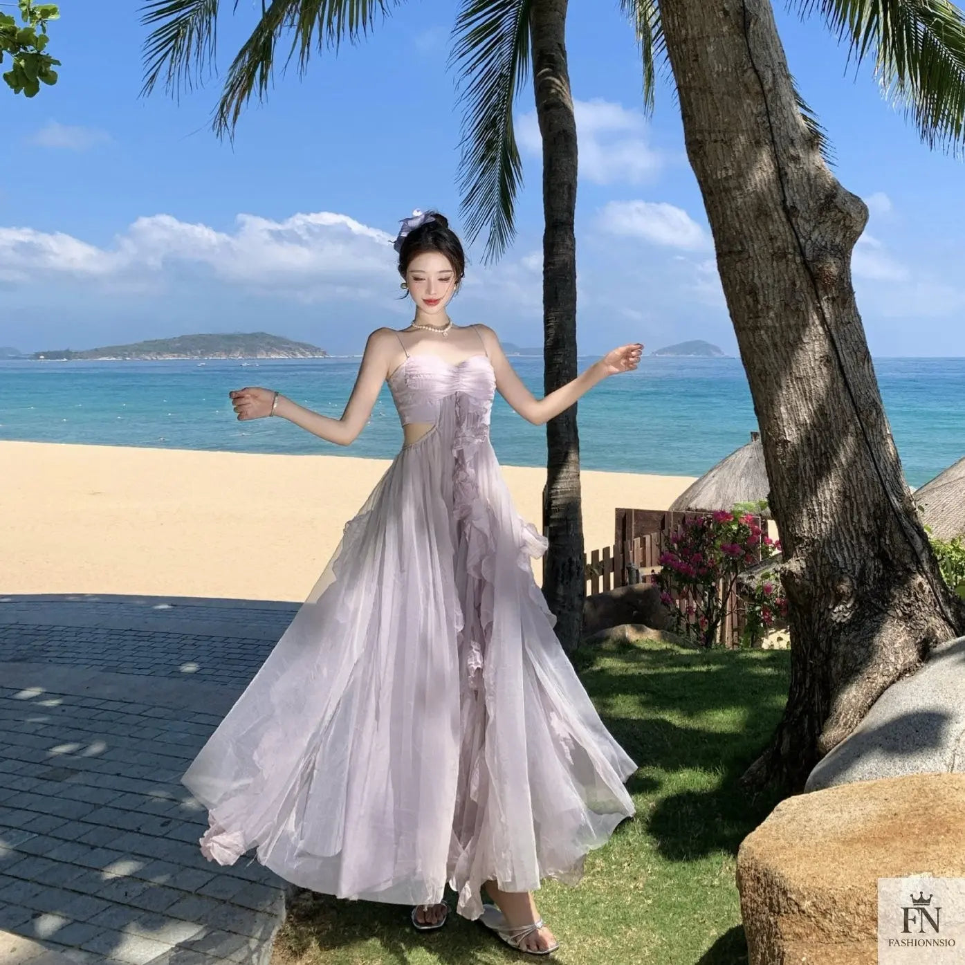 Mesh Ruffle Flared Maxi Dress - Fashionnsio