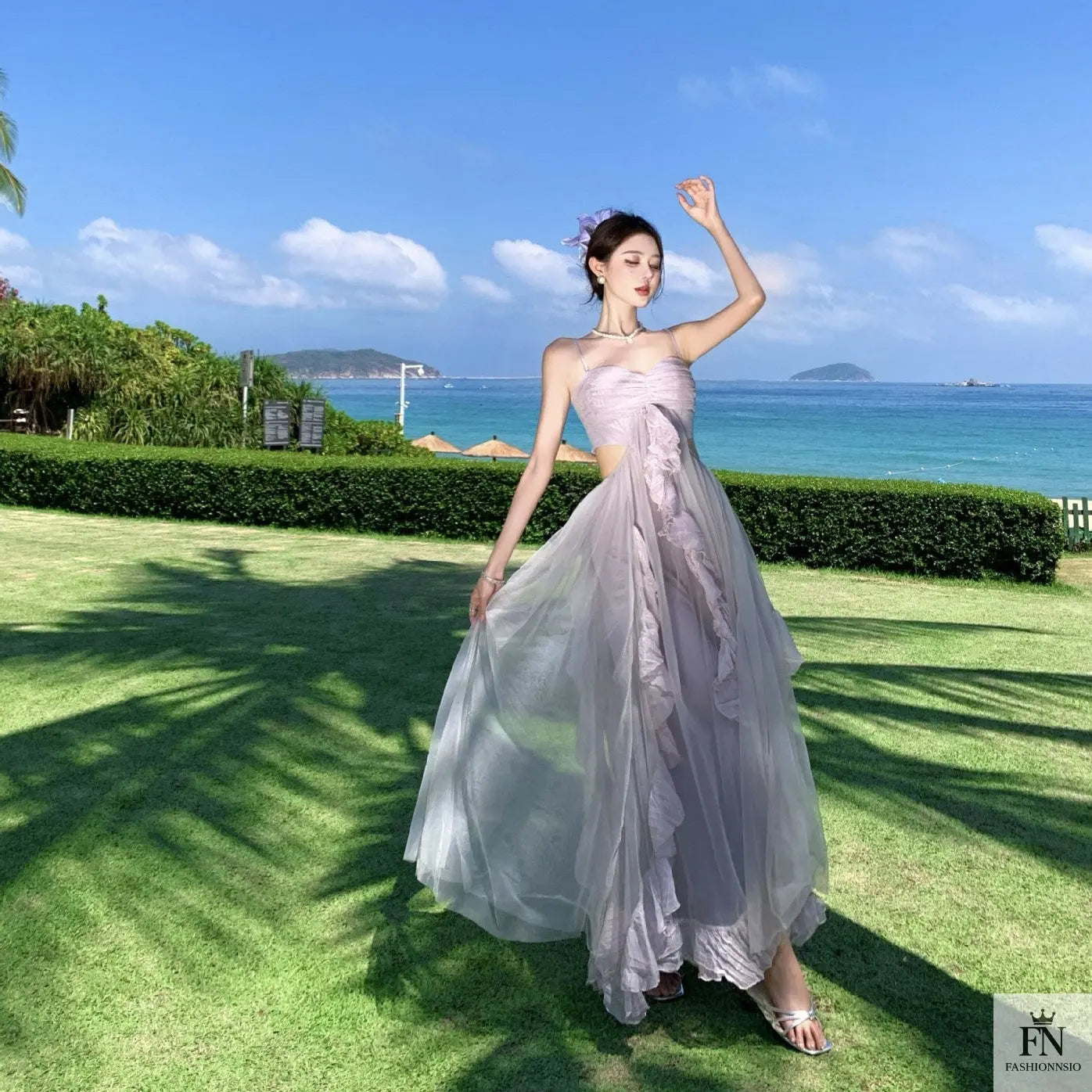 Mesh Ruffle Flared Maxi Dress - Fashionnsio