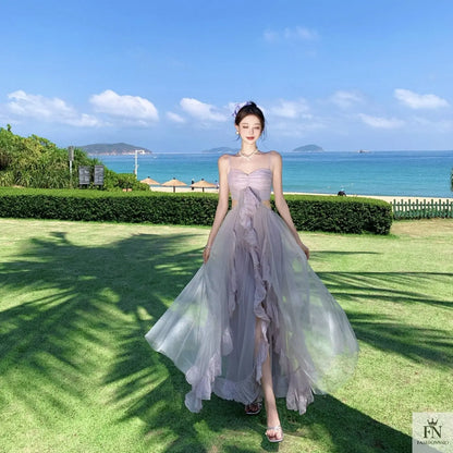 Mesh Ruffle Flared Maxi Dress - Fashionnsio