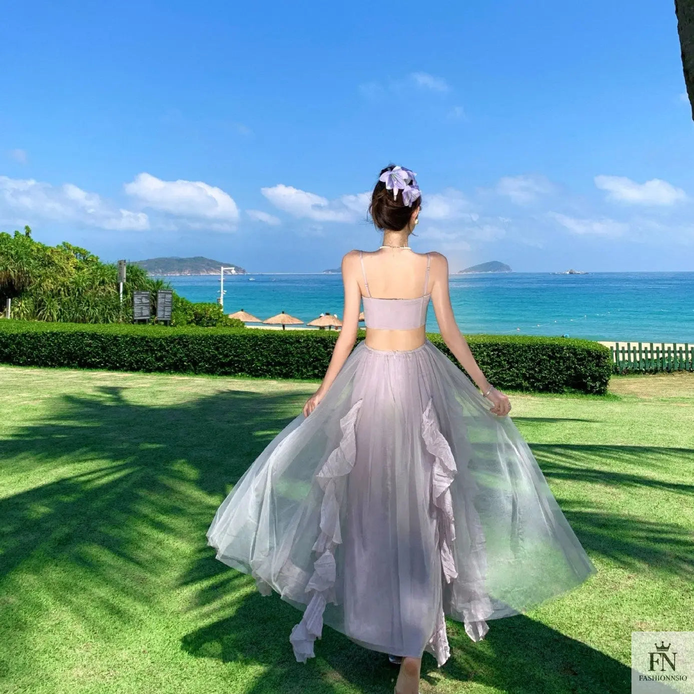 Mesh Ruffle Flared Maxi Dress - Fashionnsio